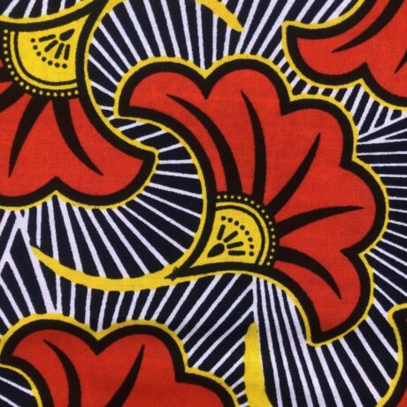 Tissu Wax rouge orangé noir imprimé Fleur de mariage détail