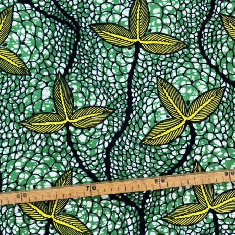 Tissu Wax vert jaune imprimé Végétal