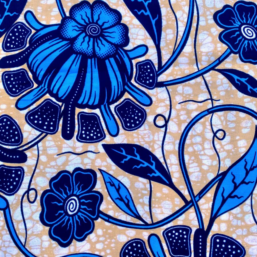 Tissu Wax bleu beige imprimé Pavot détail