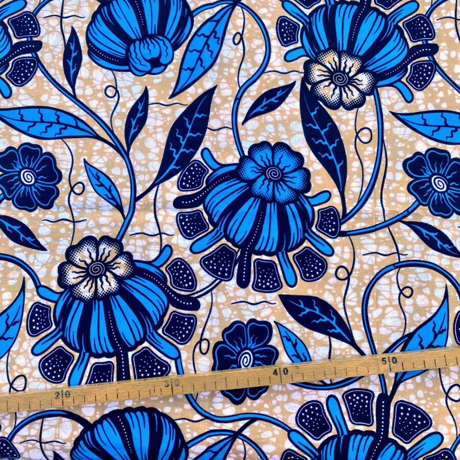 Tissu Wax bleu beige imprimé Pavot