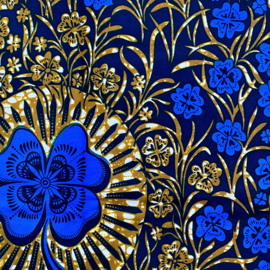 Tissu Wax bleu marron imprimé Trèfle détail