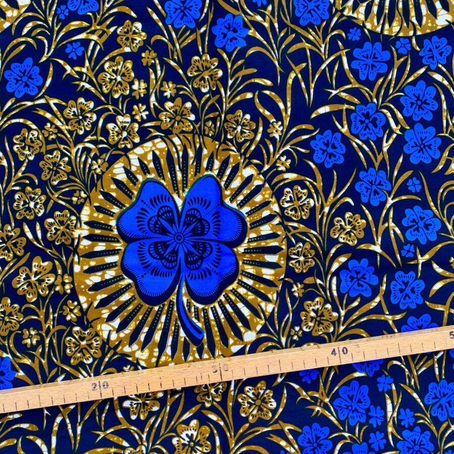 Tissu Wax bleu marron imprimé Trèfle