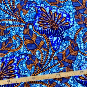 Tissu Wax bleu orange imprimé Arum