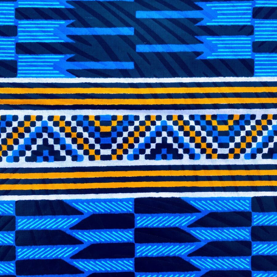 Tissu Wax bleu turquoise orange imprimé Kente détail