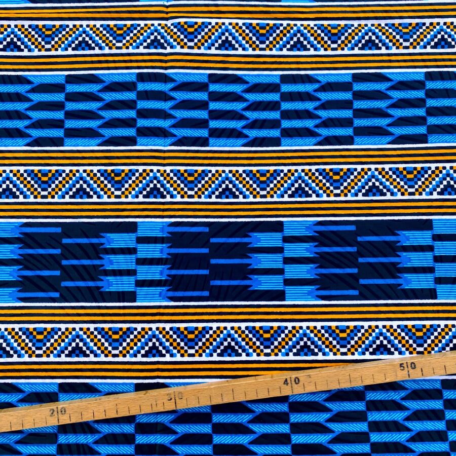 Tissu Wax bleu turquoise orange imprimé Kente