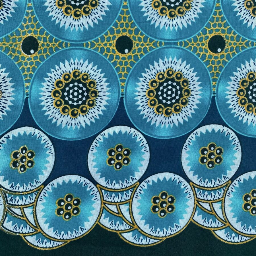 Tissu Wax pailleté bleu turquoise imprimé Tranches détail bordure