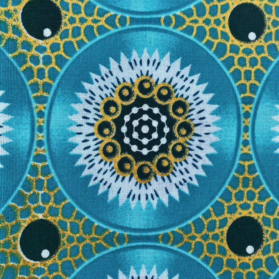 Tissu Wax pailleté bleu turquoise imprimé Tranches détail