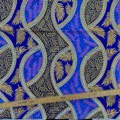 Tissu Wax pailleté bleu doré imprimé Feuilles