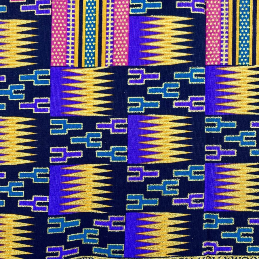 Tissu Wax pailleté noir violet imprimé Kente détail bordure