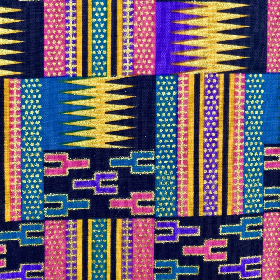 Tissu Wax pailleté noir violet imprimé Kente détail