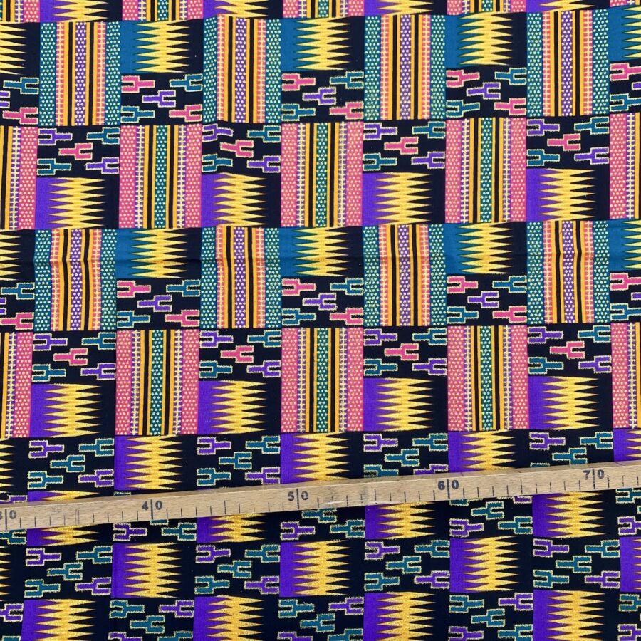 Tissu Wax pailleté noir violet imprimé Kente