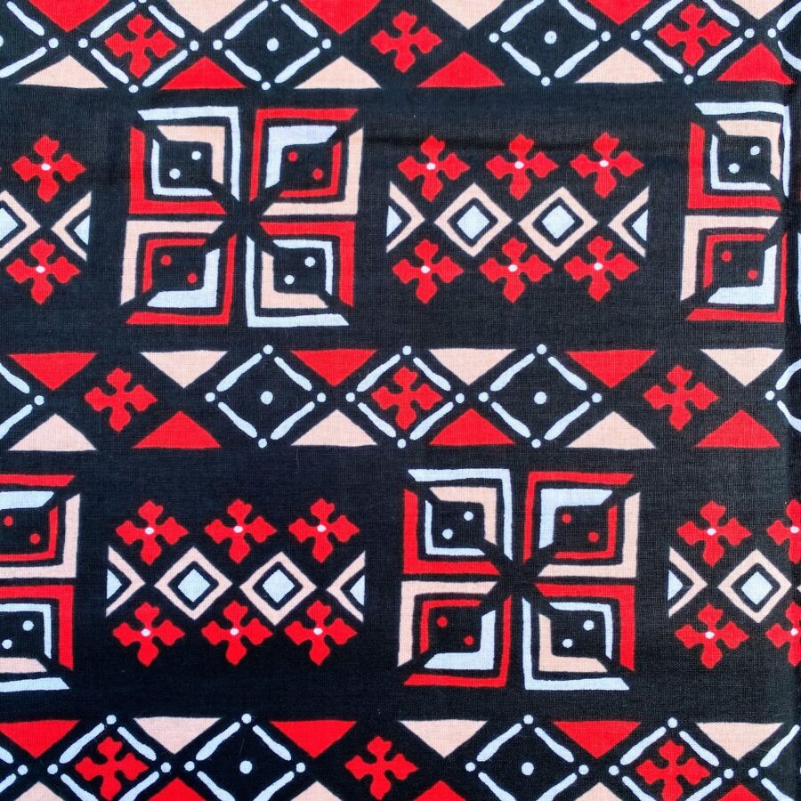 Tissu Wax rouge beige imprimé Géo détail