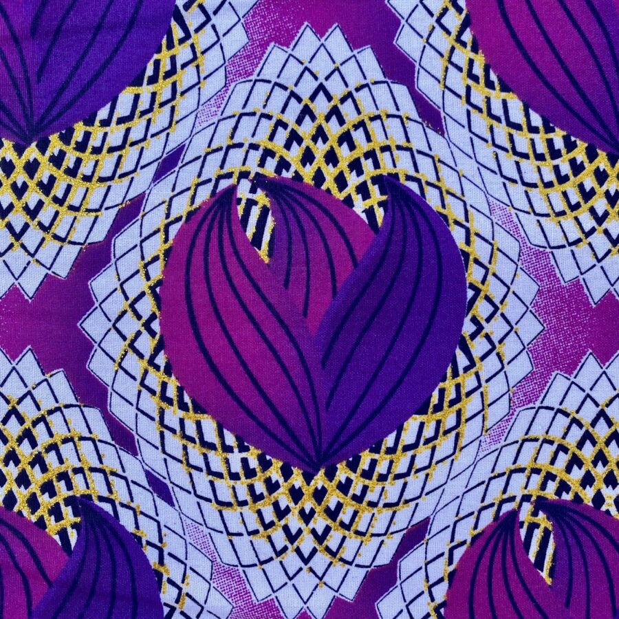 Tissu Wax pailleté prune imprimé Tulipe détail