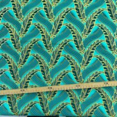 Tissu Wax pailleté vert imprimé Plumes