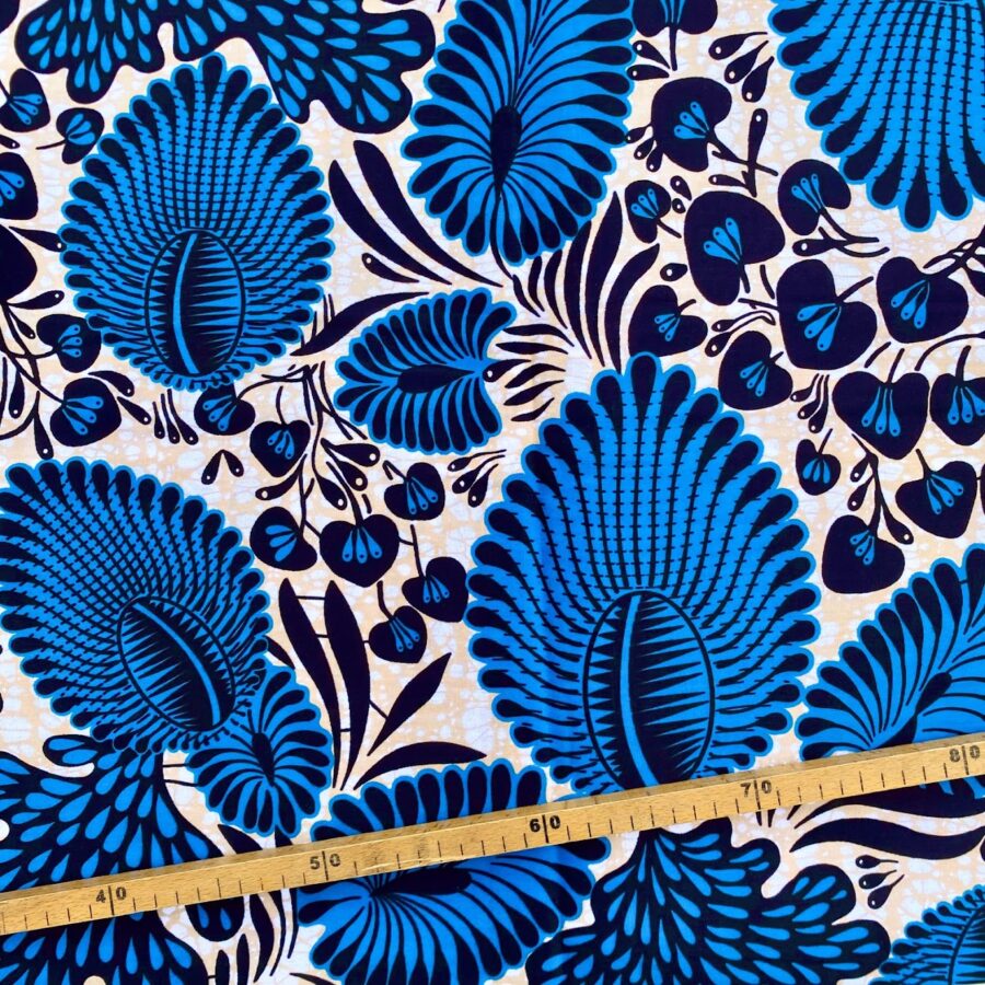 Tissu Wax bleu beige imprimé Feuillage