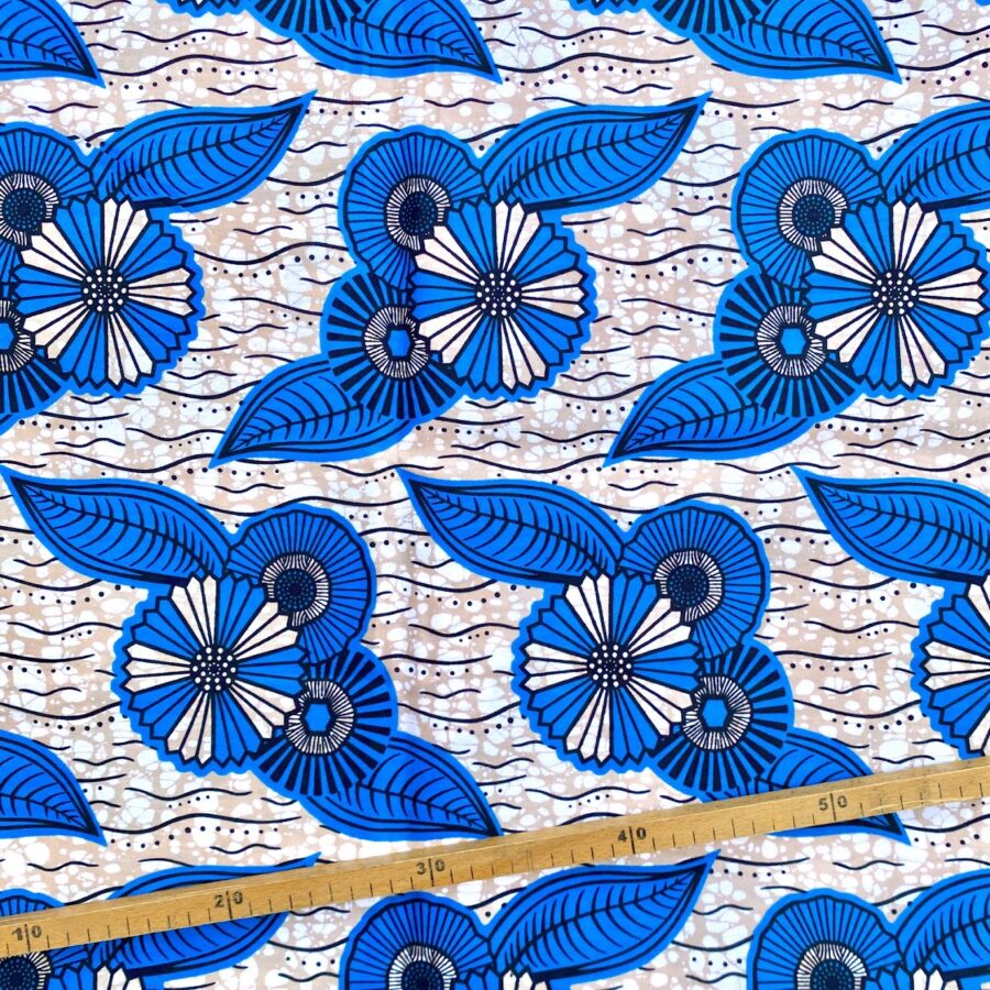 Tissu Wax bleu beige imprimé Floral