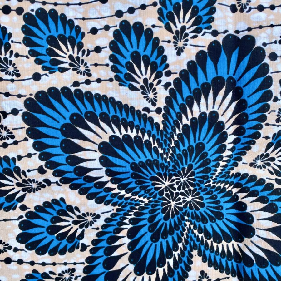 Tissu Wax bleu beige imprimé Pétales détail