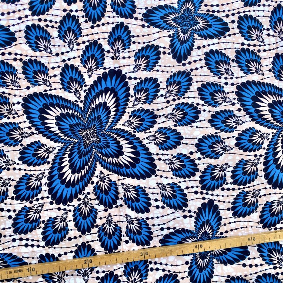 Tissu Wax bleu beige imprimé Pétales