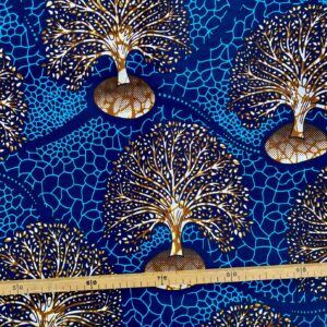 Tissu Wax bleu marron imprimé Arbre