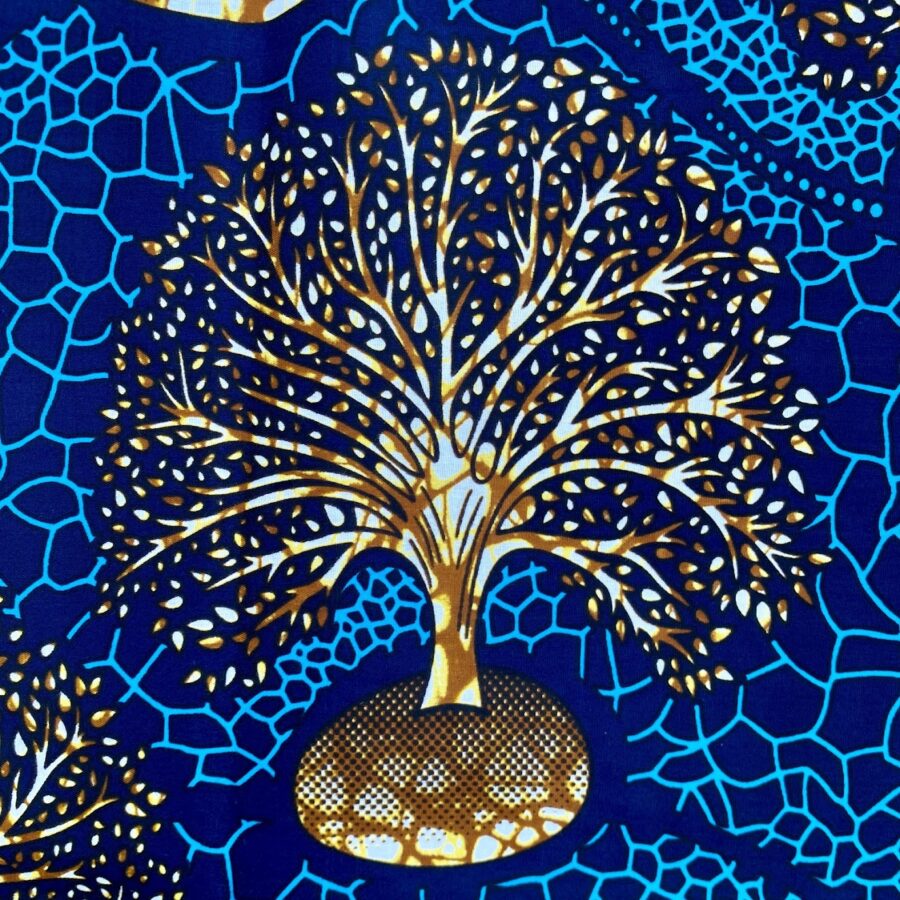Tissu Wax bleu marron imprimé Arbre détail