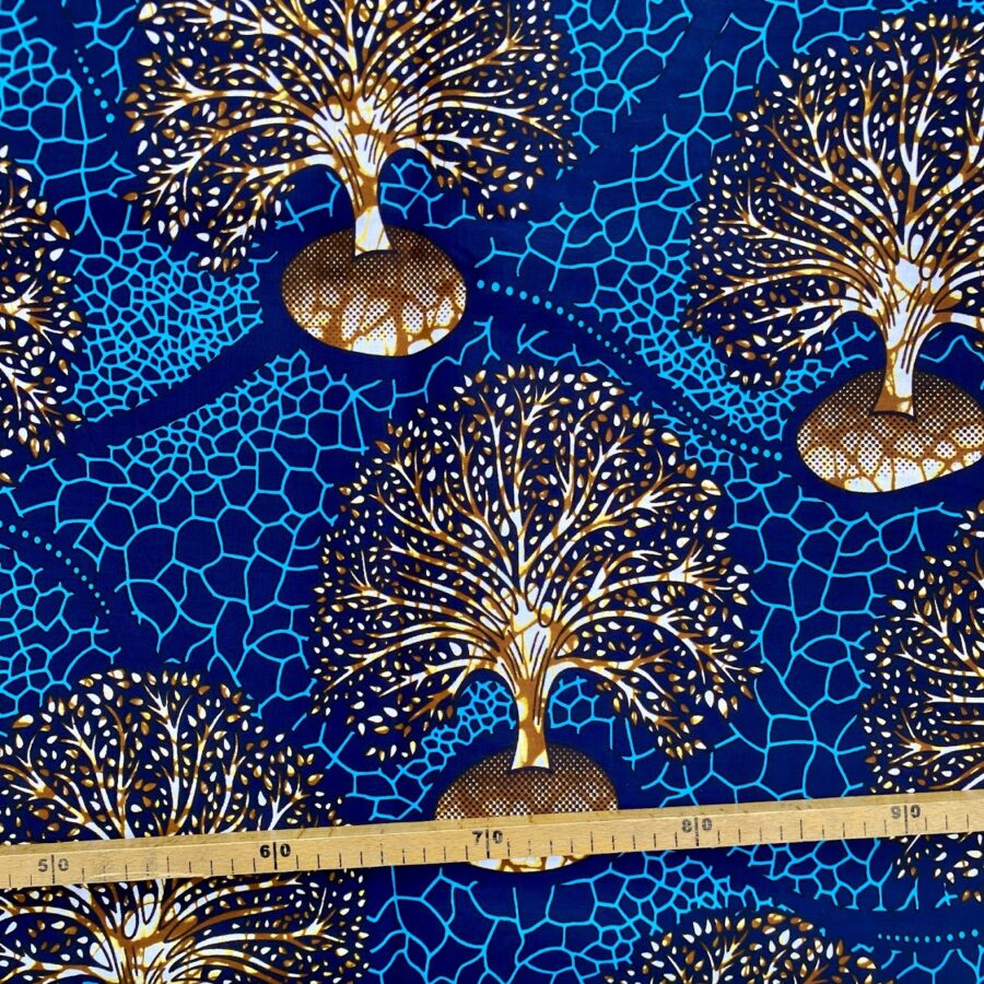 Tissu Wax bleu marron imprimé Arbre