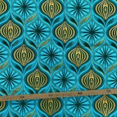 Tissu Wax pailleté vert turquoise imprimé Fioles